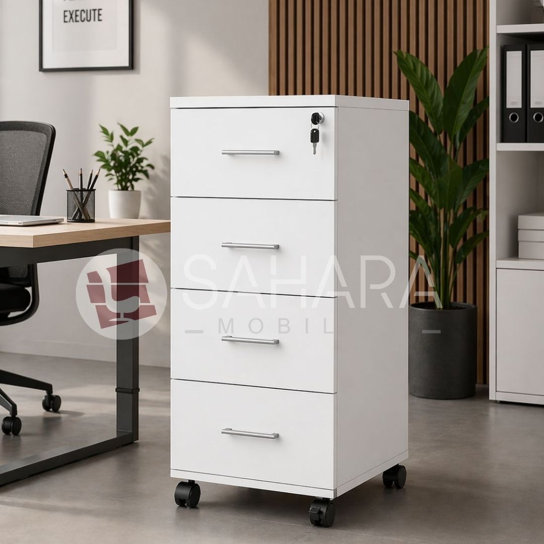 Armoire à quatre tiroirs avec serrure et roulettes dont au moins 1 avec frein.